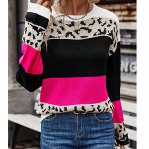 SHEIN Colorblock Crewneck Sweater Leopard Print Knit Pullover Black Pink Size M